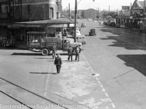 Intersection of Hunter and Burwood Streets, Newcastle, circa 1940s.