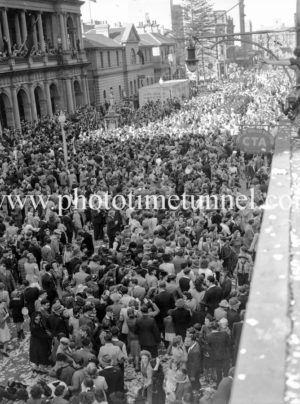 Celebrations in Newcastle, NSW, for the end of World War 2, August 15, 1945. Outside Newcastle Post Office. (2)