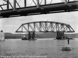 First span of the new Hawkesbury River Bridge being floated into position, September 15, 1944.  (14)