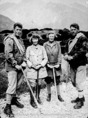 Australian expeditioners Marjorie Edgar Jones (left) and Marie Byles with New Zealand alpine guides Harry Ayres (left) and Frank Alack in 1935.