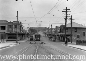 Electric tram at the corner of Glebe Road and Brunker Road (formerly Union Street), Adamstown, March 16, 1935.