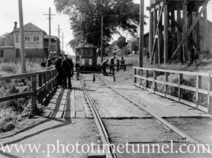 Tram at Wallsend, at damaged bridge near the Fig Tree Hotel and old goods shed, May 4, 1948. (2)