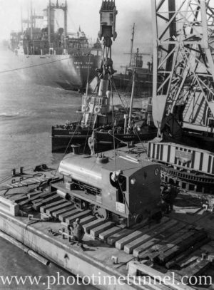 Stewarts and Lloyds Corby railway engine being delivered in Newcastle Harbour, NSW, June 28, 1951. (3)