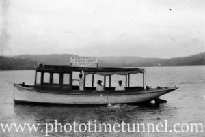 Wooden ferry Saratoga, with destinations Earls Court and Brighton. Proprietor H. Digney. NSW early 20th century.