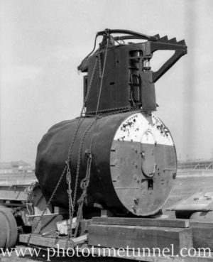 Japanese mini-submarine being prepared for inspection, Newcastle, NSW, September 3, 1942.