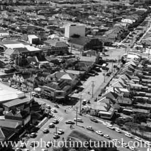 Aerial view of The Junction, Newcastle, NSW, after a RAAF Sabre jet fighter crash on August 17, 1966. (1)