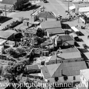 Aerial view of The Junction, Newcastle, NSW, after a RAAF Sabre jet fighter crash on August 17, 1966. (27)
