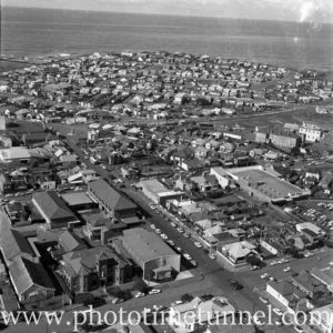 Aerial view of The Junction, Newcastle, NSW, after a RAAF Sabre jet fighter crash on August 17, 1966. (30)