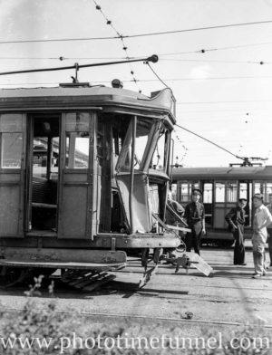 Damaged tram after accident in Newcastle, April 24, 1947. (3)