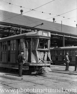 Damaged tram after accident in Newcastle, April 24, 1947. (4)
