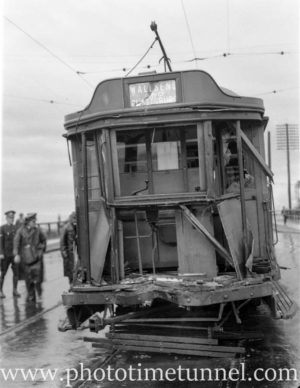 Damaged tram after collision in Newcastle, NSW, on October 1, 1941. (4)