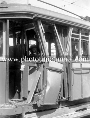 Damaged tram after an accident in Newcastle, NSW, October 20, 1949. (3)