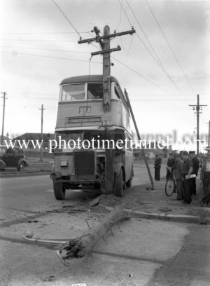 Double-decker bus after a collision with a power pole at Tudor Street, Hamilton, Newcastle, NSW, October 4, 1951.