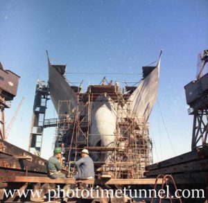 Construction of the ship Bass Trader at Newcastle State Dockyard, NSW, 1970s.