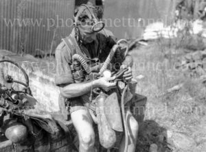 Miner with breathing gear at damaged Ayrfield Colliery at Rothbury Estate in the Hunter Valley, March 8, 1949. (2)