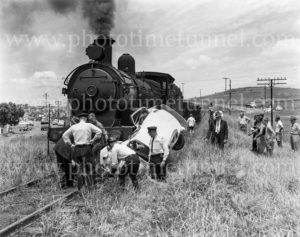 Railway level crossing smash at Adamstown, NSW, January 14, 1963. (3)