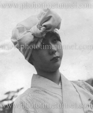 Portrait of a woman in a headscarf, Japan c1950.