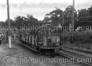 Burnt-out tram after level-crossing accident at Jesmond (Newcastle), NSW, October 11, 1943. (2)
