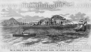 Dredging off Broughton Island, Port Stephens, NSW. Vintage engraving from The Town and Country Journal, 5-2-1881.