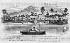 Sydney Fish Company’s establishment at Port Stephens, NSW. Vintage engraving from The Town and Country Journal, 5-2-1881.