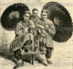 Three Chinese men. Vintage wood engraving.