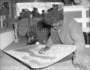Indigenous artists give bark painting demonstration at Sydney Show, April 13, 1965. (2)