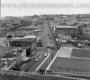 Elevated view of part of Hunter Street and harbour, Newcastle, NSW, 1960s. (2)