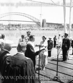 Ald P.D. Hills greets Queen Elizabeth II at Sydney Harbour, 1954.