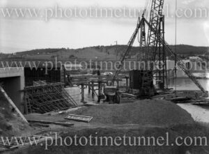 Construction of new Cockle Creek railway bridge, Lake Macquarie (Newcastle), NSW, April 21, 1949.