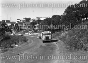 Bus on first day of new service at Merewether Heights, Newcastle, NSW, August 2, 1965.