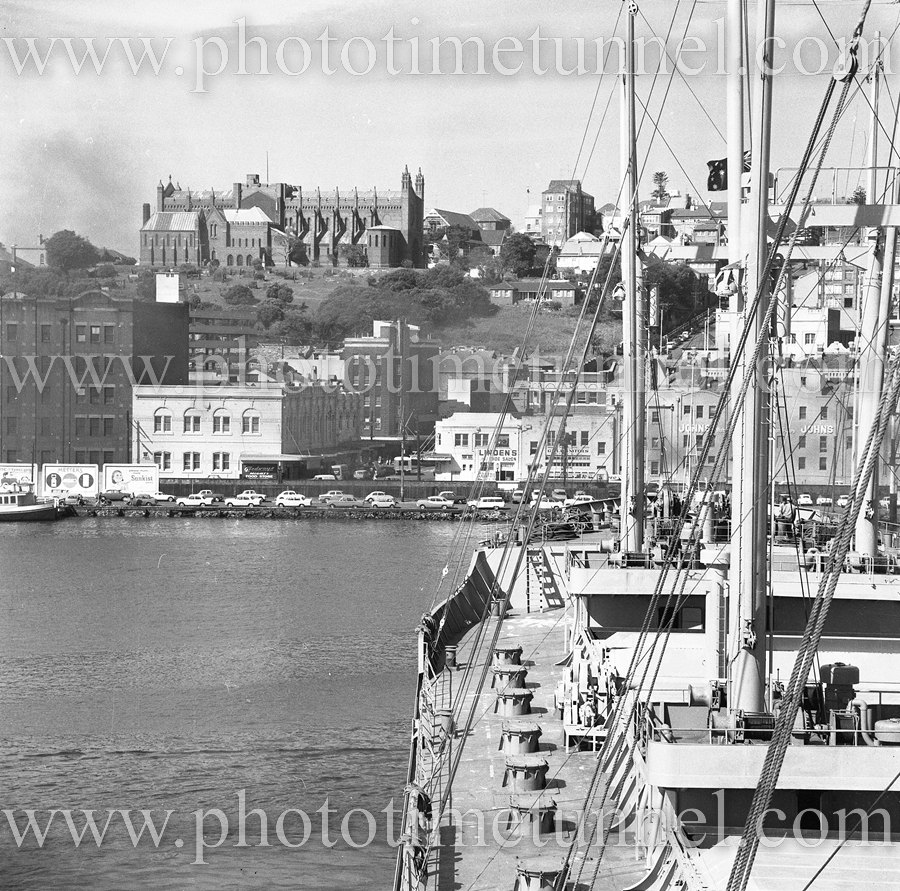 View of Newcastle waterfront (NSW) and cathedral from the wheat carrier Rythme in 1967.