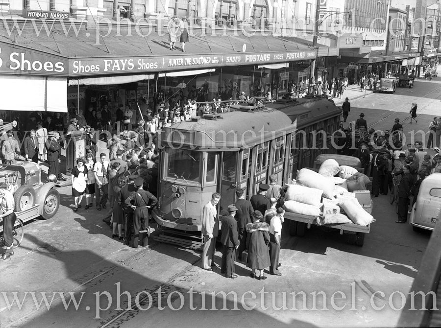 Accident between a tram and a truck, Hunter Street, Newcastle, NSW, April 1945.