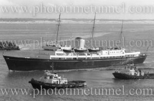 Royal Yacht Britannia entering Newcastle Harbour, NSW, March 11, 1977.