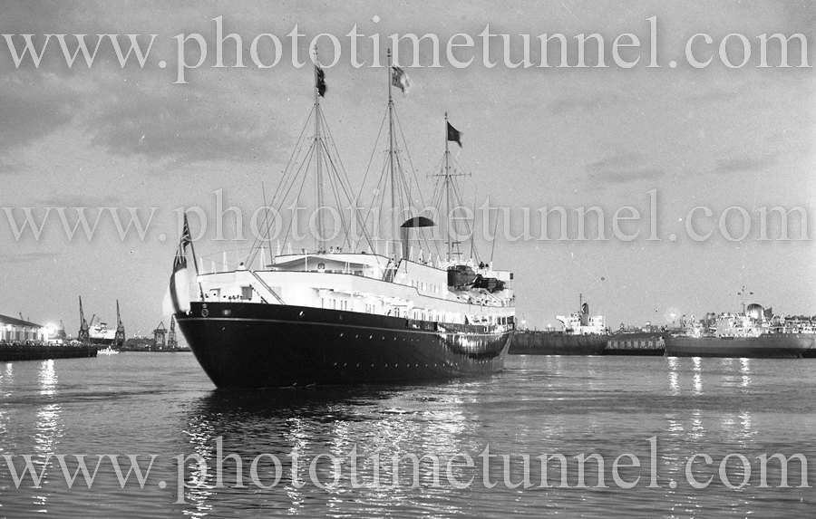 Royal Yacht Britannia in Newcastle Harbour, NSW, March 11, 1977.
