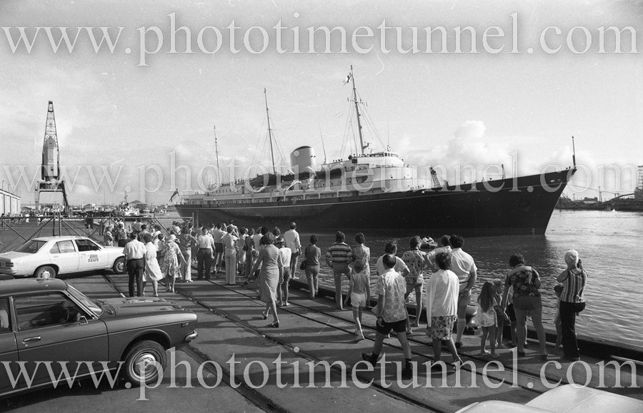 Royal Yacht Britannia berthed in Newcastle Harbour, NSW, March 11, 1977.