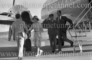 Queen Elizabeth II and Prince Philip arriving at Williamtown RAAF base, Newcastle, NSW, March 11, 1977.