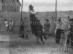 Rodeo rider on a bucking horse, NSW, circa 1940s.