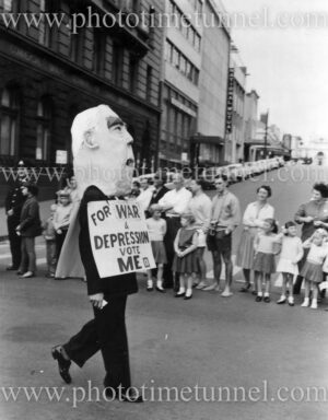 Protester against Robert Menzies, war and depression, Newcastle, NSW, 1960s.