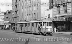 Tram outside the Ritz Hotel, Elizabeth Street, Sydney, March 27, 1948.