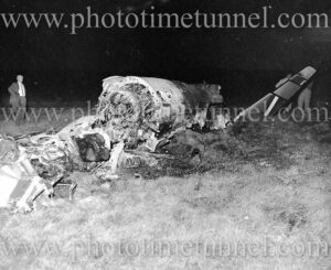 Remains of a crashed Sabre jet fighter at Williamtown, NSW, December 14, 1968. (6)