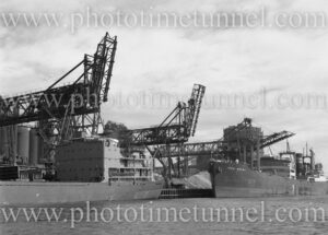 Ships at BHP steelworks, Newcastle, NSW, 1959.