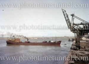 Ship Lake Illawarra at BHP steelworks, Newcastle, NSW, 1959.