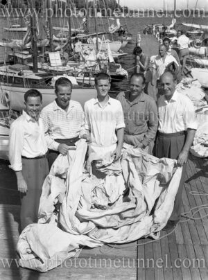 Men on jetty at Lake Macquarie Yacht Club’s Easter Regatta, April 18, 1960.