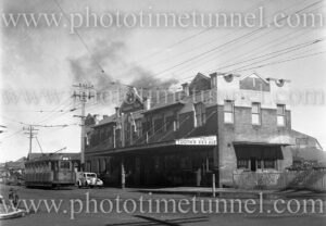 Tram outside the Sunnyside Hotel, Broadmeadow (Newcastle), June 9, 1950.