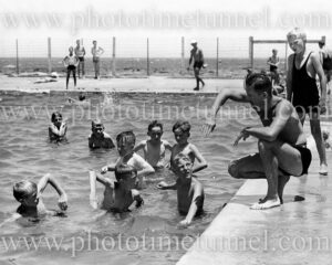 Swimming lessons at Newcastle Ocean Baths (NSW), circa 1930s