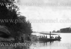 Group near steam launch on Nepean River, NSW, Circa 1900.