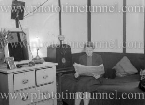 Mrs F. Orr in the living quarters of RSPCA shelter, Newcastle, July 9, 1946