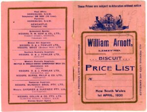 Arnott’s Biscuits price list for 1930.